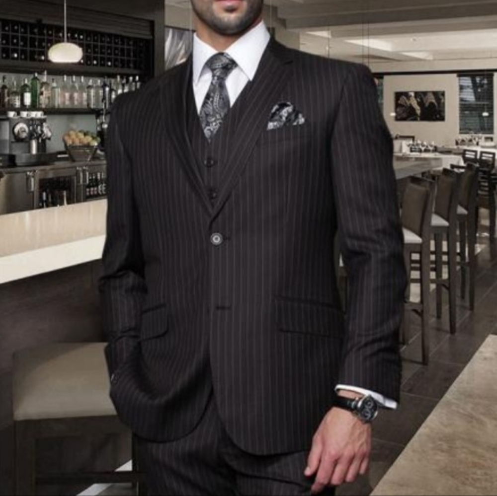 Giorgio Cosani Charcoal Blk/Gray Mens 2Pc Pinstriped Suit Chest-42 Waist-36-EUC